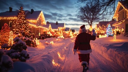 Wall Mural - Santa Claus waving as he walks through a snowy neighborhood, with houses lit up in colorful Christmas lights