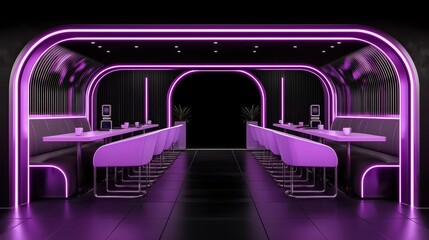 Wall Mural - Modern restaurant interior with neon purple lighting and sleek furniture, creating a vibrant, contemporary dining atmosphere.