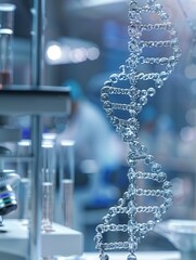 Aufkleber - A prominent DNA strand is displayed in focus, while a blurred laboratory setting suggests active scientific research taking place. Generative AI