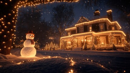 Wall Mural - A snowman standing in the front yard of a house decorated with Christmas lights, with snow falling gently in the evening 