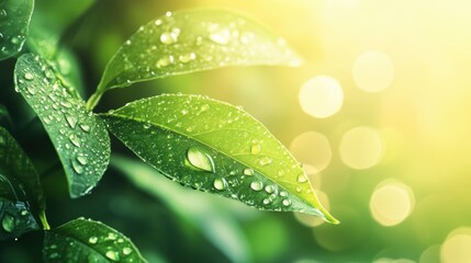 Fototapete - Dew-covered green leaves catch warm sunlight, highlighting nature's beauty and the freshness of a post-rain morning. Generative AI