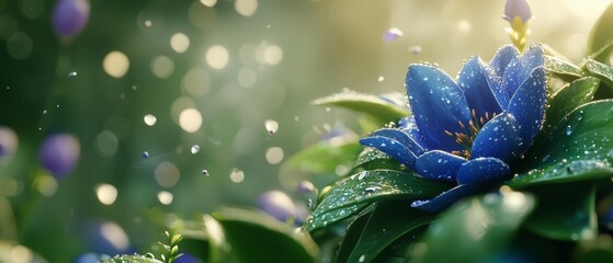  A tight shot of a blue bloom dotted with water droplets, a green leafy tree in the backdrop