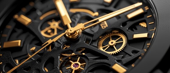  A tight shot of a black and gold watch face with gold accents