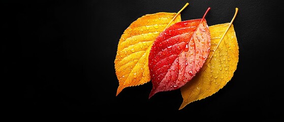  Two red and yellow leaves with water droplets, against a black backdrop