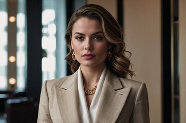 Elegant woman in beige suit with gold jewelry and confident expression in a modern indoor setting