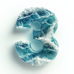 3D number 3 with water ocean waves texture realistic modern design, soft lighting, on white background. 