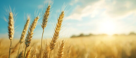  A tight shot of wheat field, sun casting down, sky backdrop