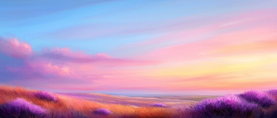 Wall Mural - a painting of a field filled with purple flowers in the foreground, contrasting with a blue sky dott