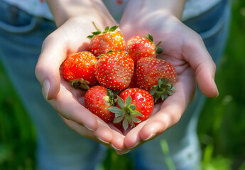 A pair of hands showcases a bunch of vibrant, fresh strawberries. Their deep red color and green leaves highlight their ripeness and natural sweetness.