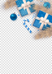 Wall Mural - Blue and silver Christmas-themed banner with gift boxes tied with white bow, striped candy canes, baubles, confetti and pine or Xmas tree branches (flat lay) as a frame on transparent background