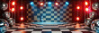 © Lila Patel - Retro Rush: A vintage game show set design with a black and white checkered floor, surrounded by flashing lights and spinning disco balls, adding a fun, nostalgic touch to the stage.