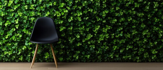  A black chair faces a green-covered wall with a wooden stand in front