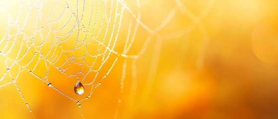 Close-up of a spider web with dewdrops, on yellow background