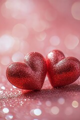 Two sparkling red hearts on a soft pink background adorned with shimmering glitter elements