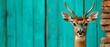 © Albert - A tight shot of a deer's head against a teal wooden backdrop, featuring a brick wall in the distance