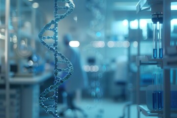 Aufkleber - A vibrant DNA strand is showcased prominently, while laboratory activity unfolds in the background, highlighting scientific research. Generative AI