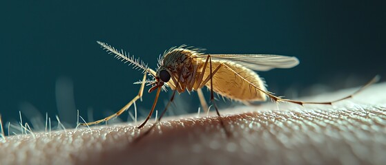  A tight shot of a mosquito on human skin against a softly blurred background of still water