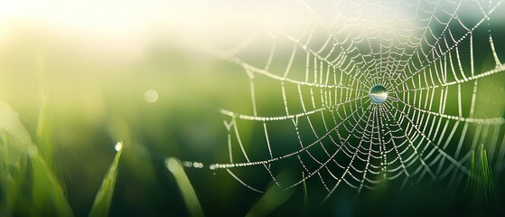  A tight shot of a spider's web in a grassy field, adorned with morning dew