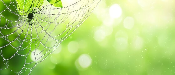  A sharp close-up of a spider web with a distinct green leaf at its center against slightly blurred background