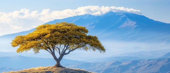  A solitary tree atop a hill gazes out at a distant mountain range, veiled in clouds