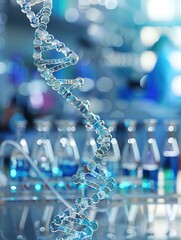 Aufkleber - A vibrant DNA strand appears prominently, with a blurred laboratory environment featuring colorful solutions in the background. Generative AI