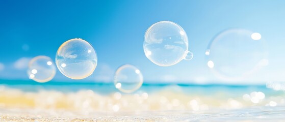 Wall Mural -  A cluster of soap bubbles drifting above a sandy beach against a backdrop of azure sky and ocean