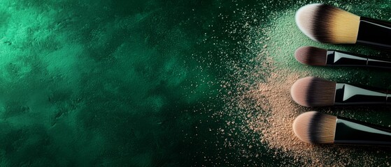  Three makeup brushes atop a green counter, nearby a mound of powdered sugar