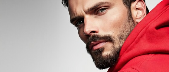  A man in a red jacket, sporting a goatee and beard, gazes intently into the camera