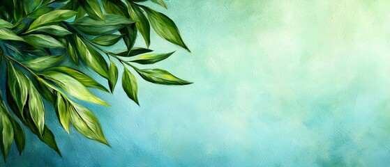  A green tree branch painted against a blue and green backdrop Insert your text here ..OR..Green tree branch painting, set against a back