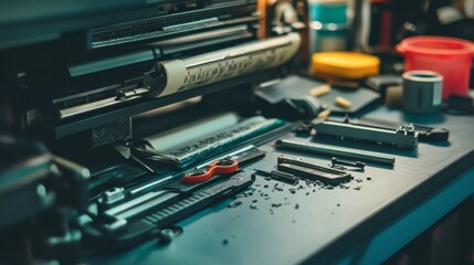 Close-up of printer paper jam being resolved, with tools and parts laid out on the side.