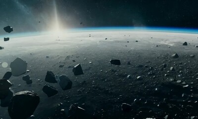 Wall Mural - pan shot with asteroid belt: the camera starts by focusing on a dense asteroid belt, capturing the v