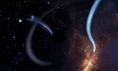 tracking shot with time dilation effects: the camera starts by focusing on the warping of space-time