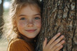© S photographer - Caucasian girl hugging the trunk of a big tree in the forest