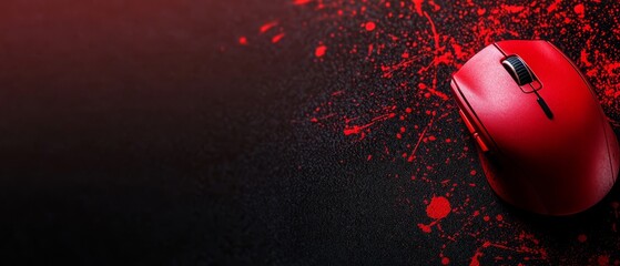  A red mouse on a black surface, surrounded by red paint splatters, and illuminated by a nearby red light