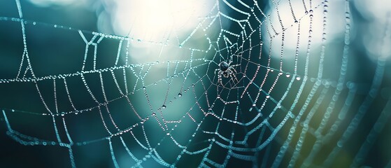  A tight shot of a spider web, adorned with dew drops, in proximity to a hazy treebackground