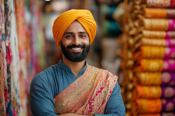 Sikh man looking at camera with confidence in a fabric shop.