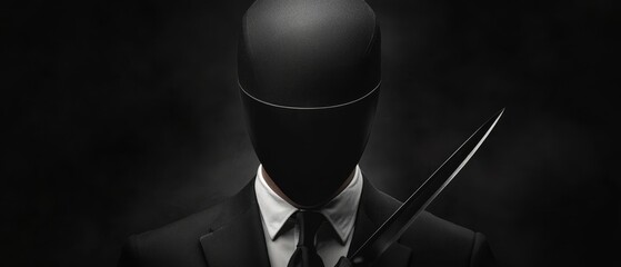  A man in a suit and tie, with scissors before his face on a black background