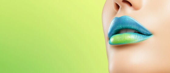 Poster -  Close-up of a woman's face with a blue-green lip against a green-yellow background