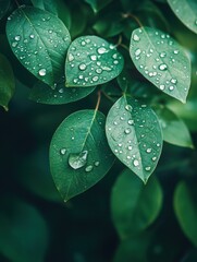 Canvas Print - Lush green leaves glisten with droplets of water, showcasing the essence of freshness and the beauty of nature's hydration in the morning light. Generative AI