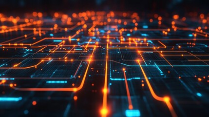 Glowing circuit pathways representing data flow in a futuristic digital network.