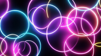 Glowing neon circles connected by lines on a black background, representing a digital network.