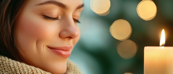 Poster -  A woman with closed eyes holds a lit candle before a Christmas tree adorned with twinkling lights