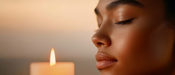 Poster -  A women's face, closely framed, with a lit candle in the background and one in the foreground