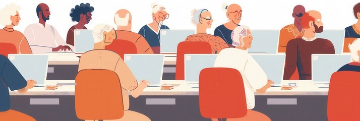 Poster - A group of elderly learners focuses on computer tasks while attending a digital skills workshop for seniors in a classroom setting. Generative AI