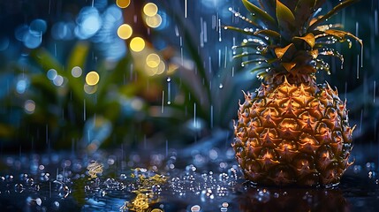 A delicious pineapple with a rough exterior covered with glowing raindrops