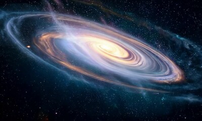 Wall Mural - pan shot with gravitational lensing: the camera starts by focusing on a distant galaxy being magnifi