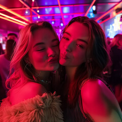 Two friends pose playfully at a nightclub, surrounded by vibrant neon lights.