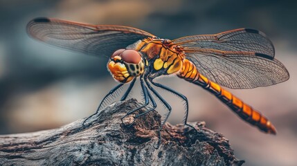 A close-up of a dragonfly perched on a tree branch. The dragonfly has bright orange and black markings, and its wings are spread wide. The background is blurred, creating a soft, natural look.