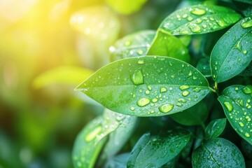 Canvas Print - Green leaves adorned with water droplets capture sunlight, creating a refreshing and rejuvenating atmosphere in nature. Generative AI