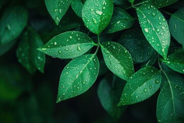 Leinwandbilder - Glistening water droplets collect on vibrant green leaves, illustrating a refreshing natural setting filled with life and vitality. Generative AI